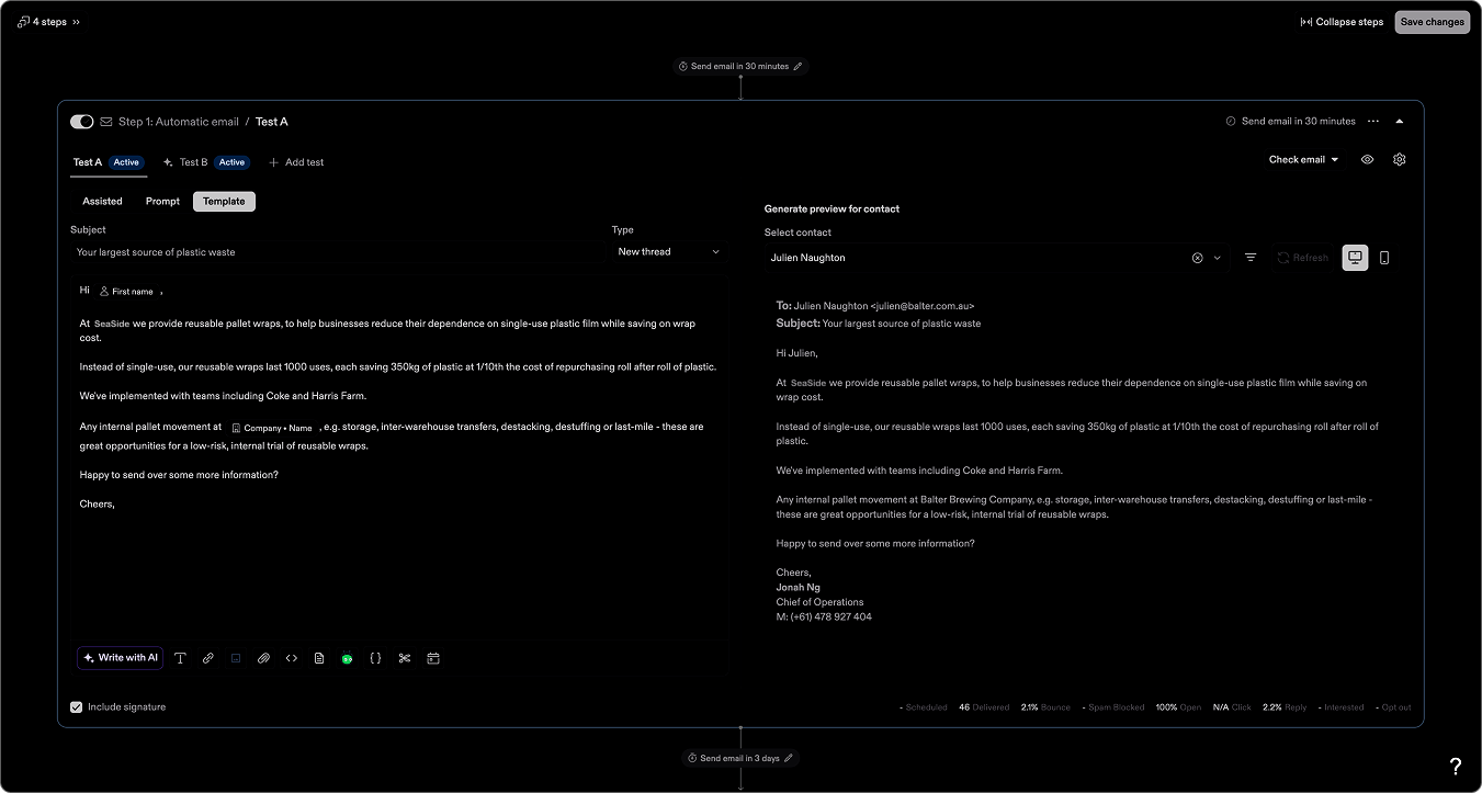 Apollo sequence and email editor screenshot